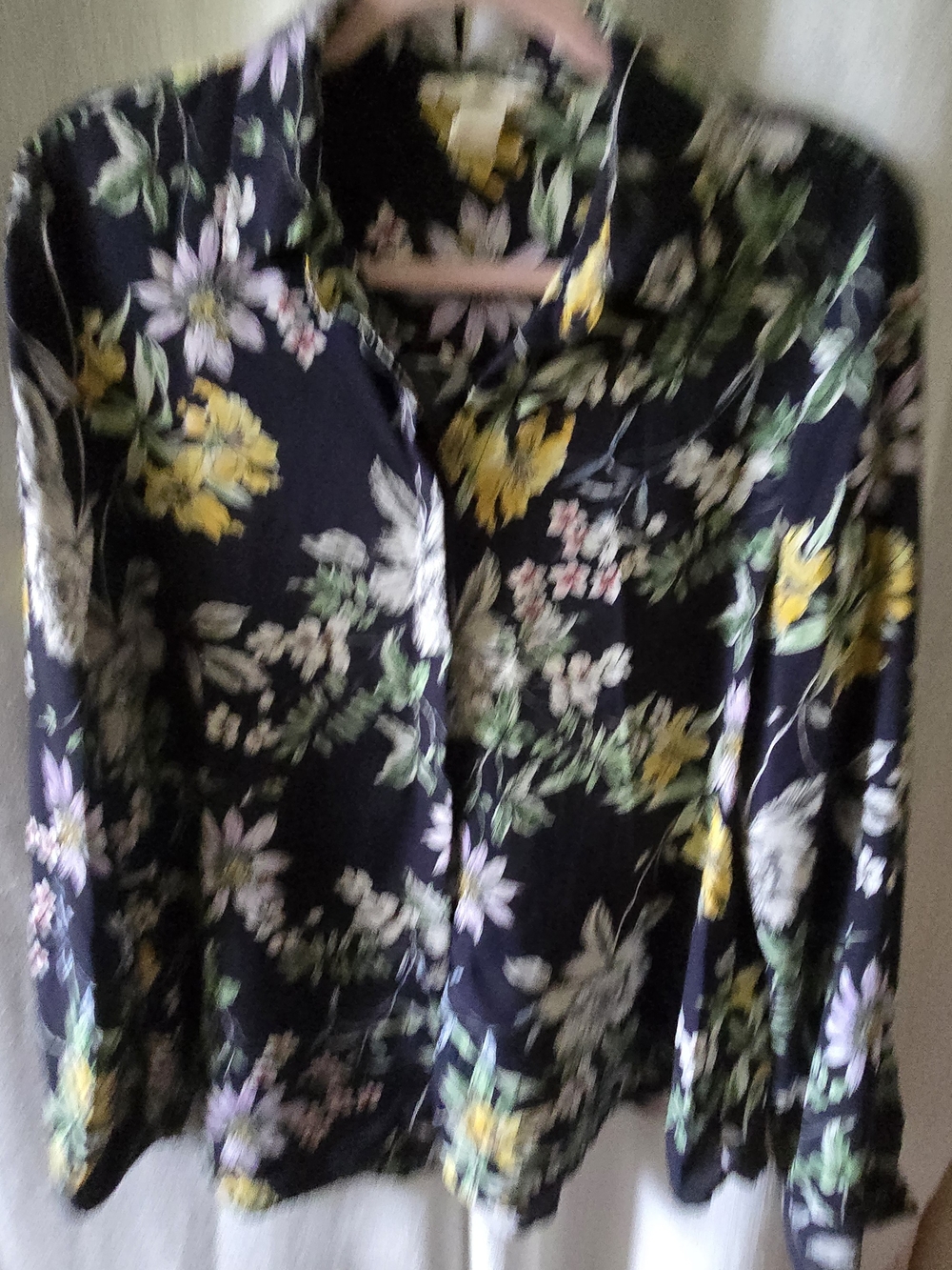H&M Black Floral Button-Up Blouse with Yellow & Green Accents
